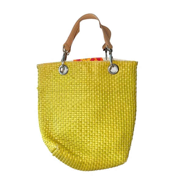 Made in Italy Maurizio Taiuti Neon Yellow Woven Tote Bag European Summer - Picture 2 of 8